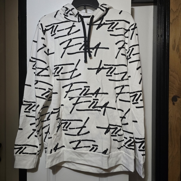 Fila Other - Fila Heritage Men's White Hoodie W Black Logo Pattern All Over - Size Medium